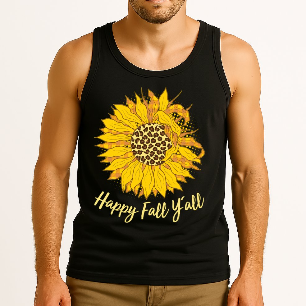 Cute Happy Fall Y'all Leopard Pattern Sunflower Tank Top