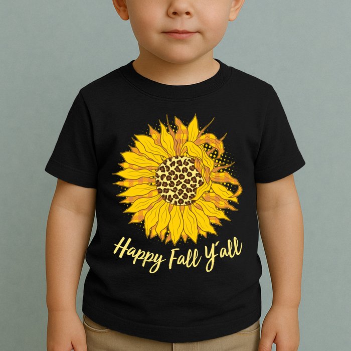 Cute Happy Fall Y'all Leopard Pattern Sunflower Toddler T-Shirt