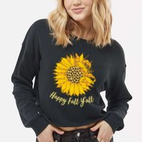 Cute Happy Fall Y'all Leopard Pattern Sunflower Cropped Pullover Crew