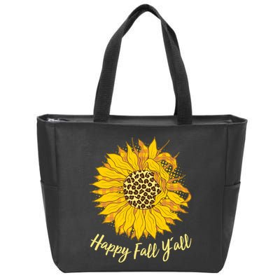Cute Happy Fall Y'all Leopard Pattern Sunflower Zip Tote Bag