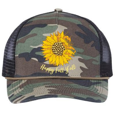 Cute Happy Fall Y'all Leopard Pattern Sunflower Retro Rope Trucker Hat Cap