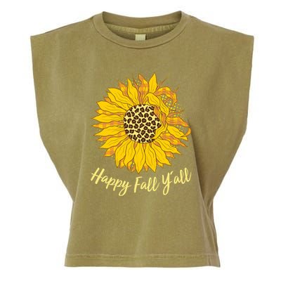 Cute Happy Fall Y'all Leopard Pattern Sunflower Garment-Dyed Women's Muscle Tee