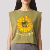 Cute Happy Fall Y'all Leopard Pattern Sunflower Garment-Dyed Women's Muscle Tee