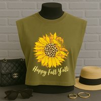 Cute Happy Fall Y'all Leopard Pattern Sunflower Garment-Dyed Women's Muscle Tee