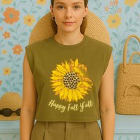 Cute Happy Fall Y'all Leopard Pattern Sunflower Garment-Dyed Women's Muscle Tee