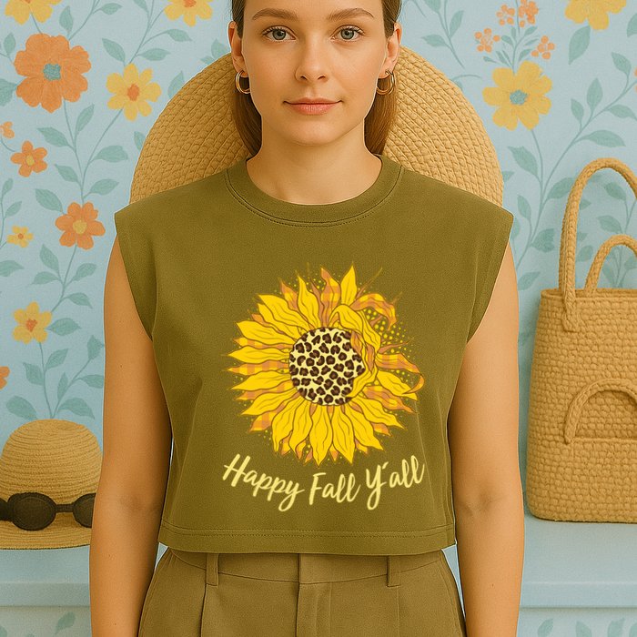 Cute Happy Fall Y'all Leopard Pattern Sunflower Garment-Dyed Women's Muscle Tee