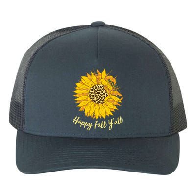 Cute Happy Fall Y'all Leopard Pattern Sunflower Yupoong Adult 5-Panel Trucker Hat