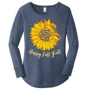 Cute Happy Fall Y'all Leopard Pattern Sunflower Women's Perfect Tri Tunic Long Sleeve Shirt