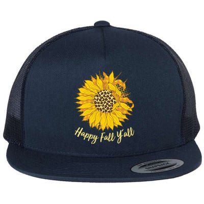 Cute Happy Fall Y'all Leopard Pattern Sunflower Flat Bill Trucker Hat