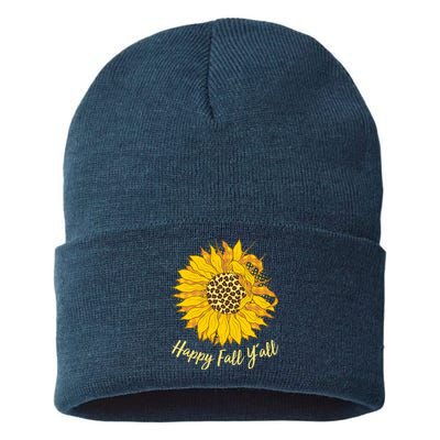 Cute Happy Fall Y'all Leopard Pattern Sunflower Sustainable Knit Beanie