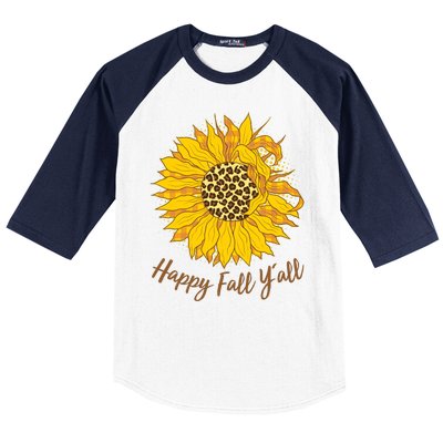 Cute Happy Fall Y'all Leopard Pattern Sunflower Baseball Sleeve Shirt