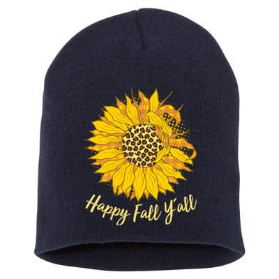 Cute Happy Fall Y'all Leopard Pattern Sunflower Short Acrylic Beanie