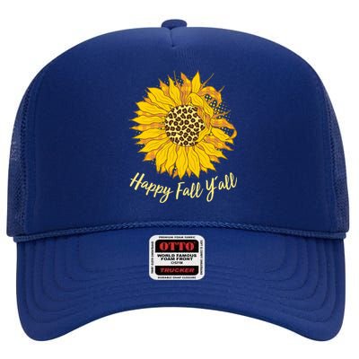 Cute Happy Fall Y'all Leopard Pattern Sunflower High Crown Mesh Back Trucker Hat