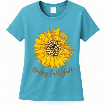 Cute Happy Fall Y'all Leopard Pattern Sunflower Womens T-Shirt