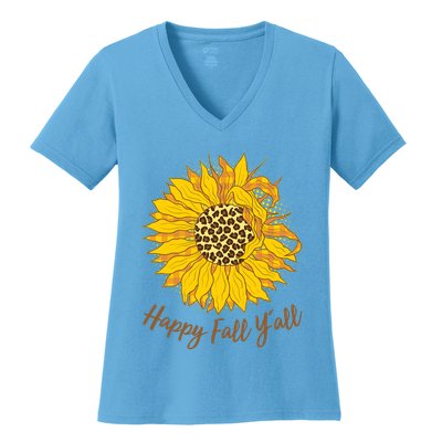 Cute Happy Fall Y'all Leopard Pattern Sunflower Women's V-Neck T-Shirt
