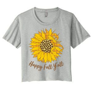 Cute Happy Fall Y'all Leopard Pattern Sunflower Women's Crop Top Tee