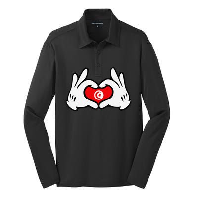 Cartoon Hands Forming Heart Tunisia Flag Silk Touch Performance Long Sleeve Polo