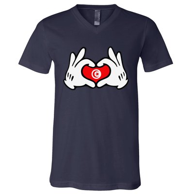 Cartoon Hands Forming Heart Tunisia Flag V-Neck T-Shirt