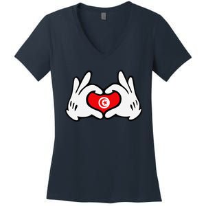 Cartoon Hands Forming Heart Tunisia Flag Women's V-Neck T-Shirt