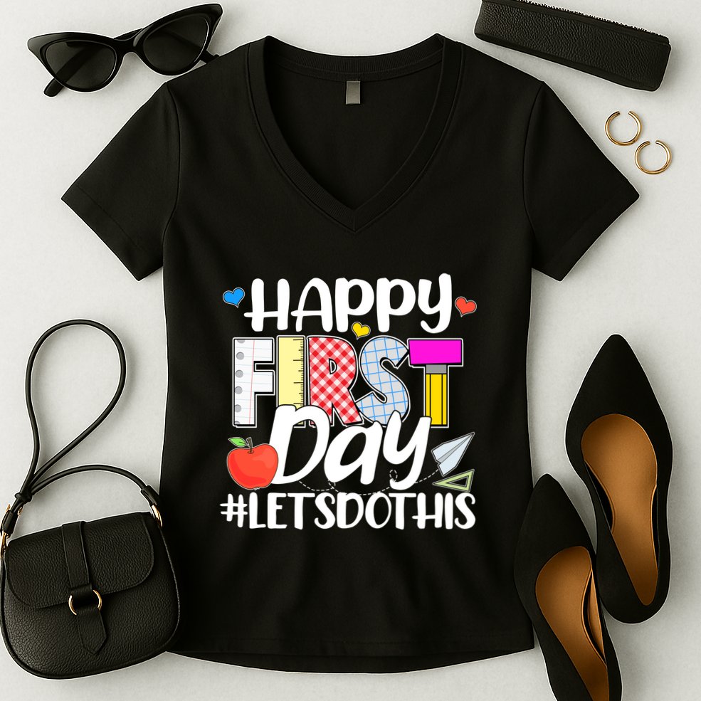 Cute Happy First Day #Lets Do This Women's V-Neck T-Shirt