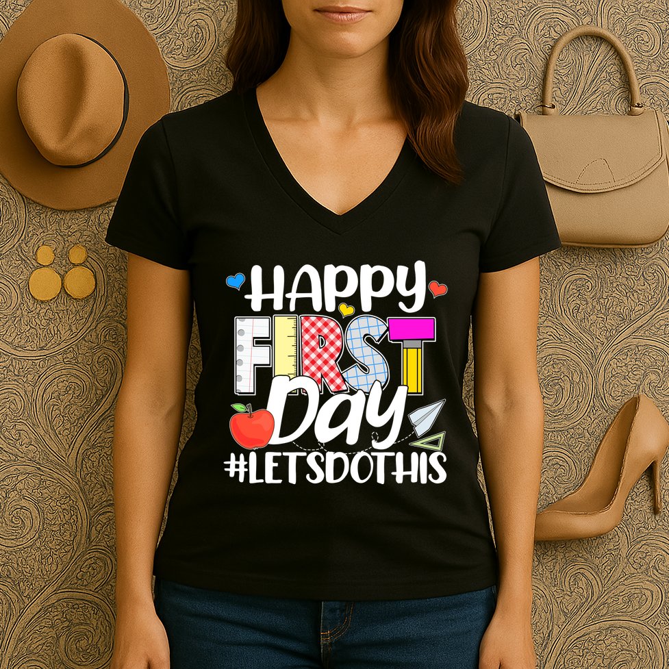Cute Happy First Day #Lets Do This Women's V-Neck T-Shirt