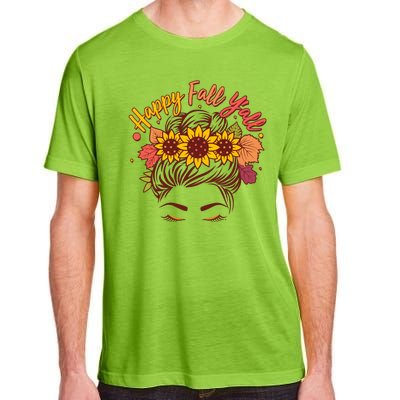 Cute Happy Fall Y'all Woman With Sunflower And Leaves Hair Bun Adult ChromaSoft Performance T-Shirt