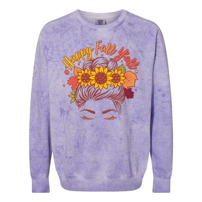 Cute Happy Fall Y'all Woman With Sunflower And Leaves Hair Bun Colorblast Crewneck Sweatshirt