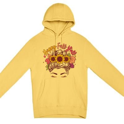 Cute Happy Fall Y'all Woman With Sunflower And Leaves Hair Bun Premium Pullover Hoodie