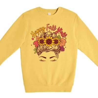 Cute Happy Fall Y'all Woman With Sunflower And Leaves Hair Bun Premium Crewneck Sweatshirt