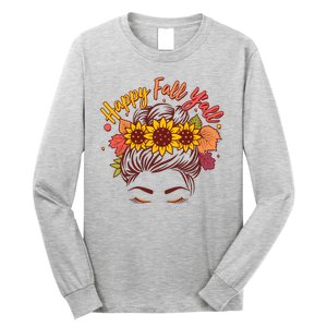 Cute Happy Fall Y'all Woman With Sunflower And Leaves Hair Bun Long Sleeve Shirt