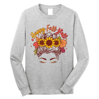 Cute Happy Fall Y'all Woman With Sunflower And Leaves Hair Bun Long Sleeve Shirt