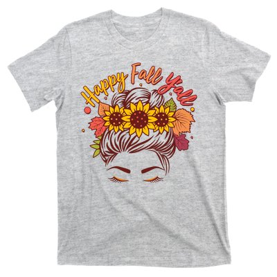 Cute Happy Fall Y'all Woman With Sunflower And Leaves Hair Bun T-Shirt