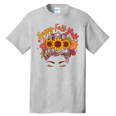 Cute Happy Fall Y'all Woman With Sunflower And Leaves Hair Bun Tall T-Shirt