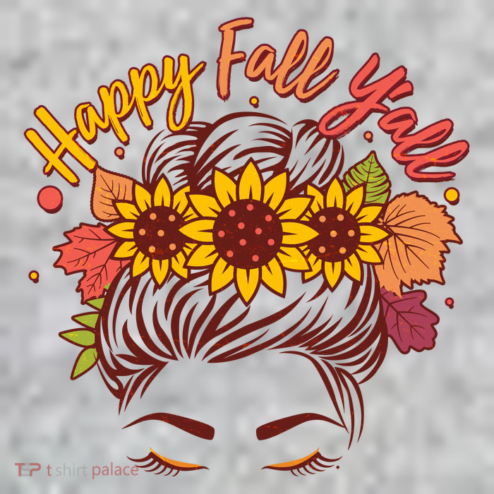 Cute Happy Fall Y'all Woman With Sunflower And Leaves Hair Bun Tall T-Shirt