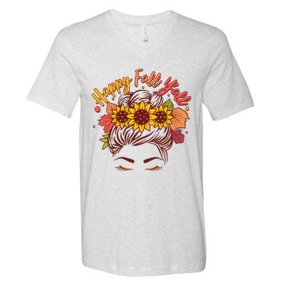 Cute Happy Fall Y'all Woman With Sunflower And Leaves Hair Bun V-Neck T-Shirt
