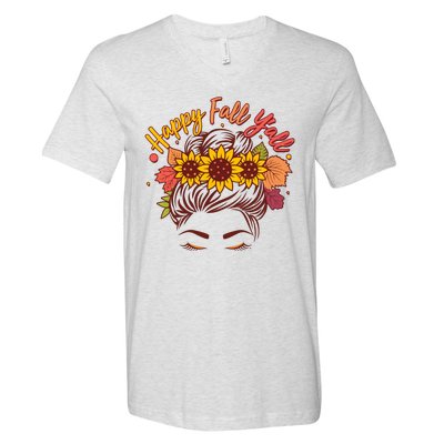 Cute Happy Fall Y'all Woman With Sunflower And Leaves Hair Bun V-Neck T-Shirt