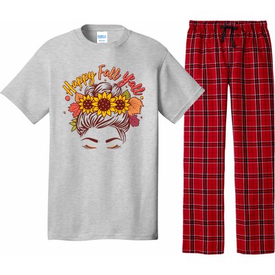 Cute Happy Fall Y'all Woman With Sunflower And Leaves Hair Bun Pajama Set