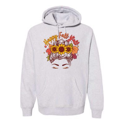 Cute Happy Fall Y'all Woman With Sunflower And Leaves Hair Bun Premium Hoodie