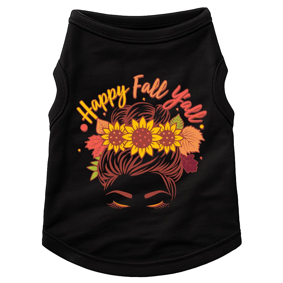 Cute Happy Fall Y'all Woman With Sunflower And Leaves Hair Bun Doggie Tank