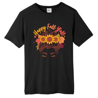 Cute Happy Fall Y'all Woman With Sunflower And Leaves Hair Bun Tall Fusion ChromaSoft Performance T-Shirt