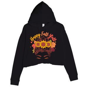 Cute Happy Fall Y'all Woman With Sunflower And Leaves Hair Bun Crop Fleece Hoodie