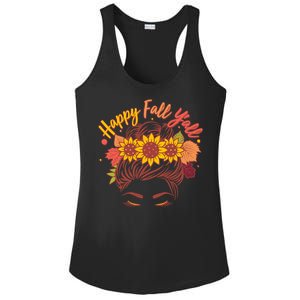 Cute Happy Fall Y'all Woman With Sunflower And Leaves Hair Bun Ladies PosiCharge Competitor Racerback Tank