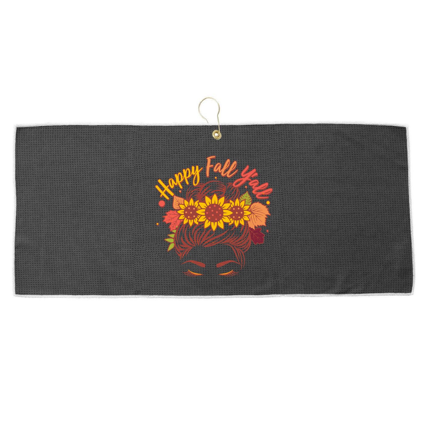 Cute Happy Fall Y'all Woman With Sunflower And Leaves Hair Bun Large Microfiber Waffle Golf Towel