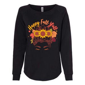 Cute Happy Fall Y'all Woman With Sunflower And Leaves Hair Bun Womens California Wash Sweatshirt