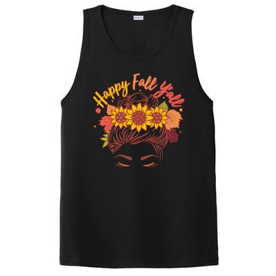 Cute Happy Fall Y'all Woman With Sunflower And Leaves Hair Bun PosiCharge Competitor Tank