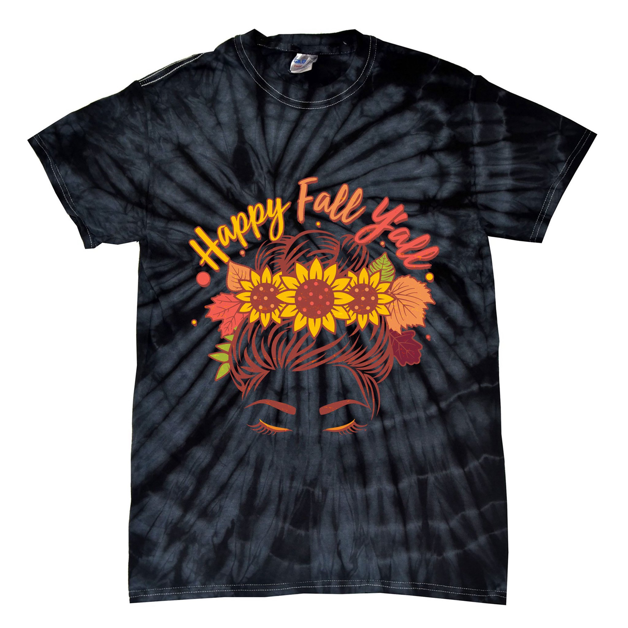 Cute Happy Fall Y'all Woman With Sunflower And Leaves Hair Bun Tie-Dye T-Shirt