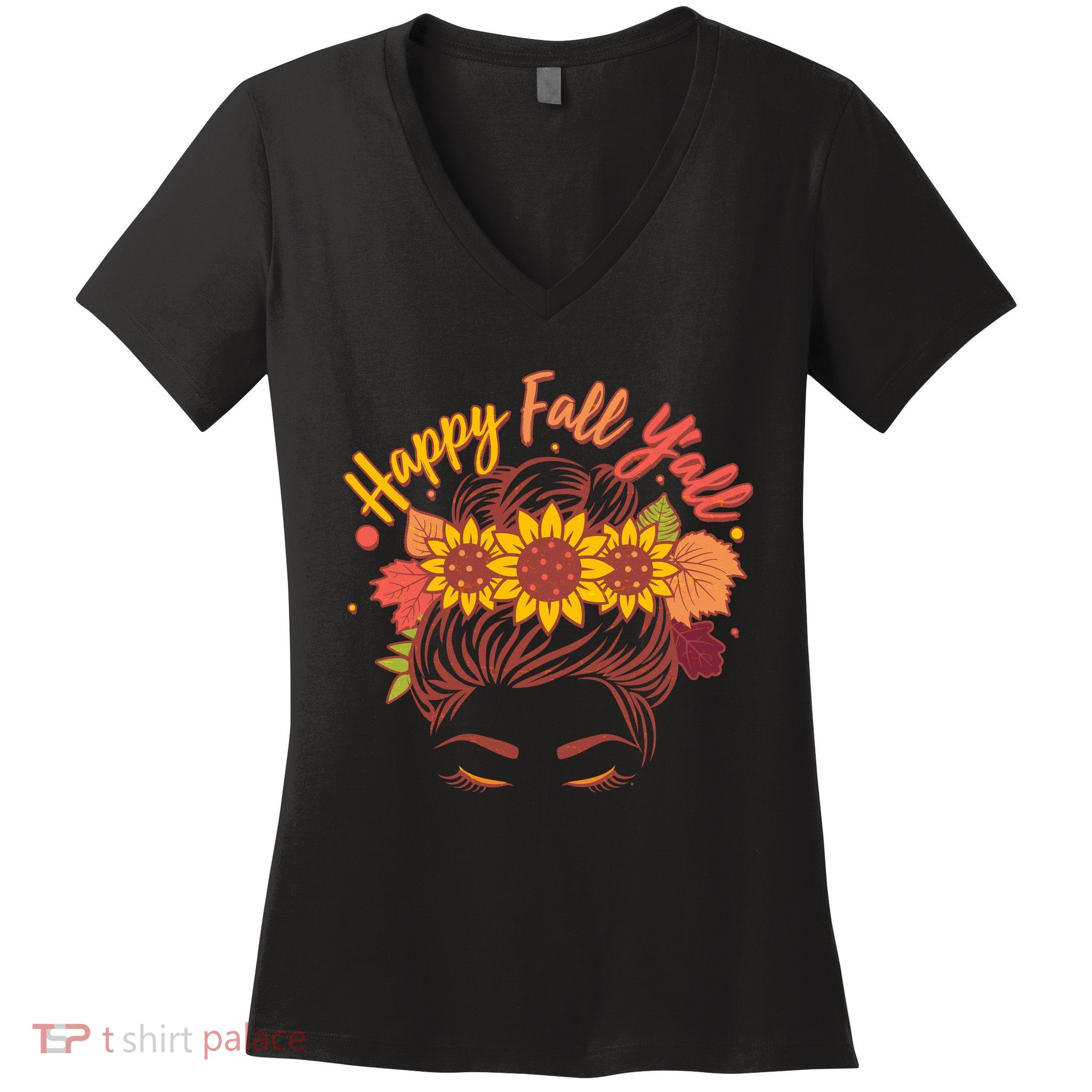 Cute Happy Fall Y'all Woman With Sunflower And Leaves Hair Bun Women's V-Neck T-Shirt