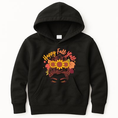 Cute Happy Fall Y'all Woman With Sunflower And Leaves Hair Bun Kids Hoodie