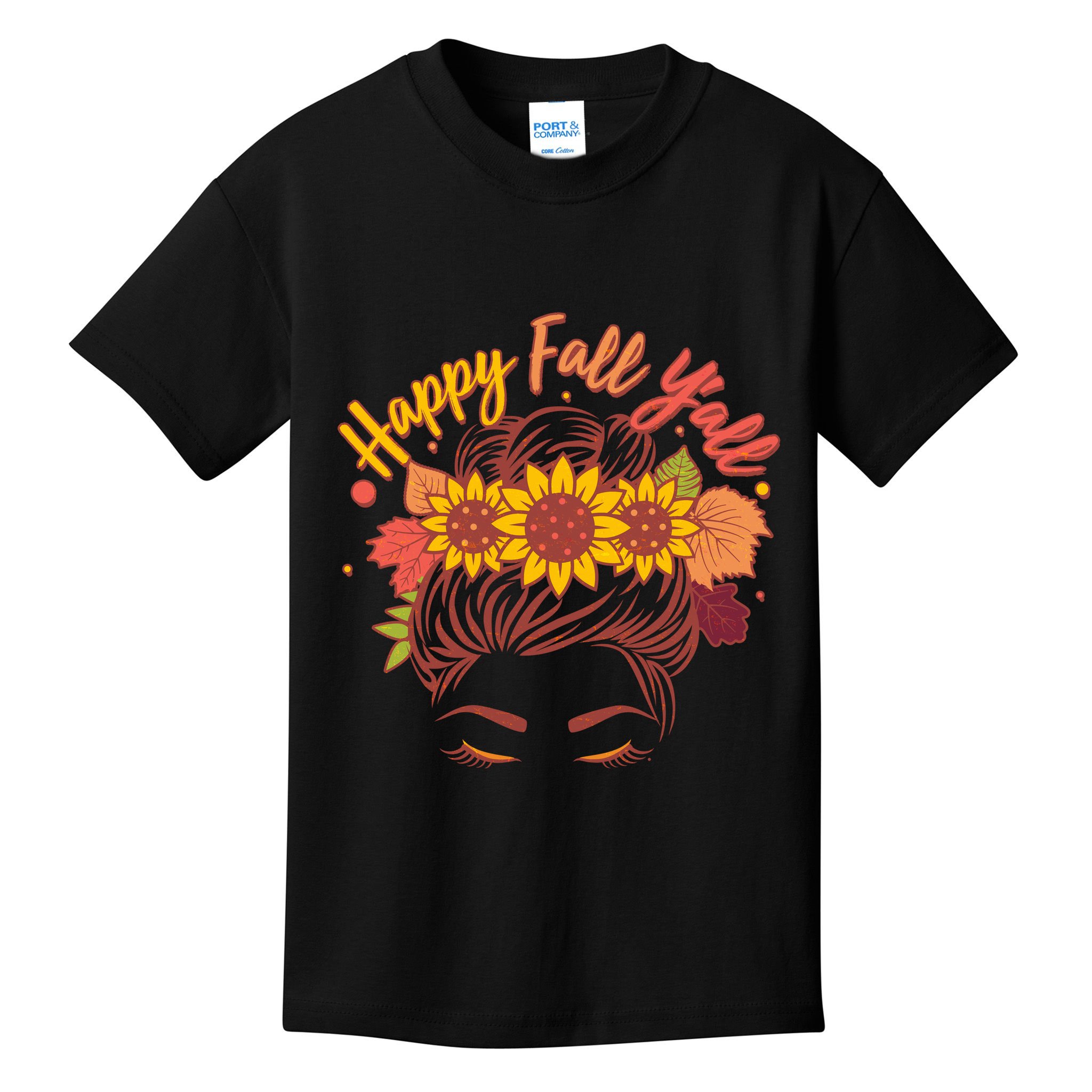 Cute Happy Fall Y'all Woman With Sunflower And Leaves Hair Bun Kids T-Shirt