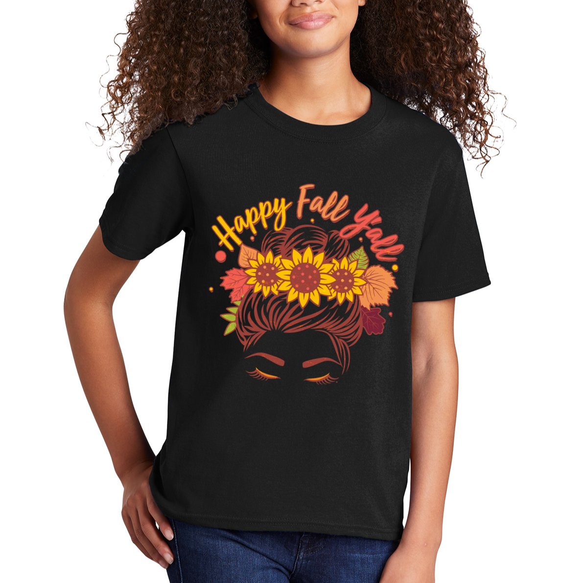 Cute Happy Fall Y'all Woman With Sunflower And Leaves Hair Bun Kids T-Shirt